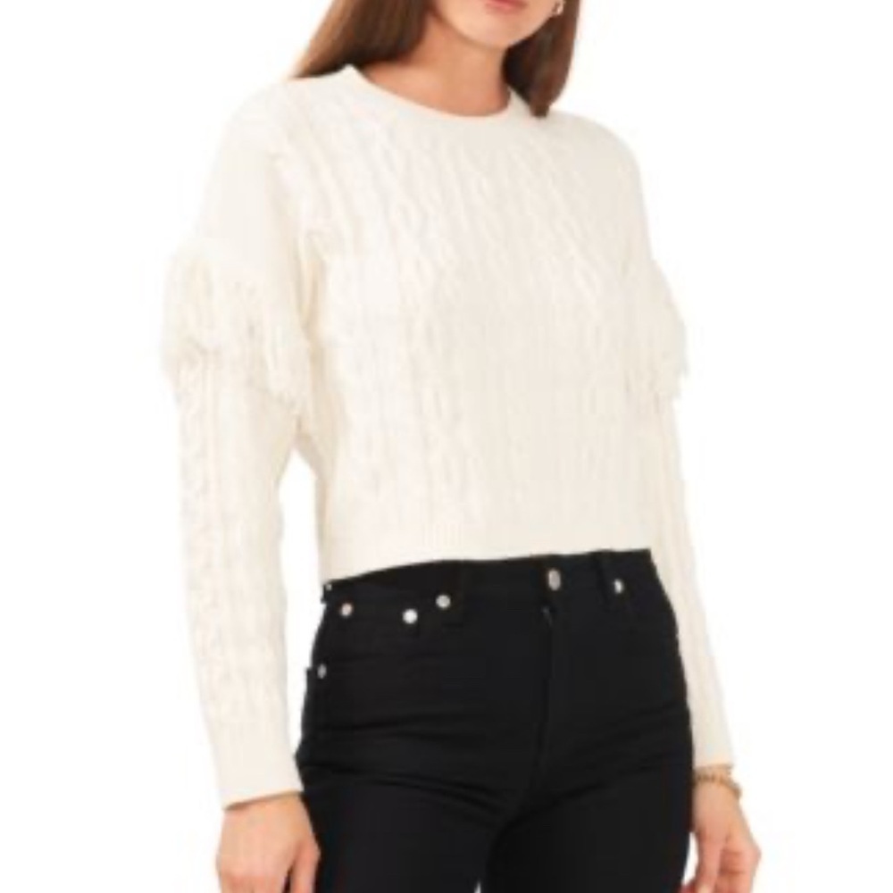 1.State Women’s XL ivory cable knit sweater, long sleeve, fringe, cropped.